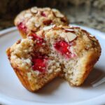 Close-up of a Gluten-Free Strawberry Almond Muffin broken open showing moist crumb and bright red strawberries.