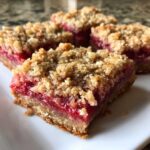A close-up of several rich Gluten-Free Strawberry Rhubarb Bars with a crumbly topping on a white plate.