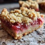 A close-up of one square of Gluten-Free Strawberry Rhubarb Bars showing the thick, jammy filling and crumb topping.