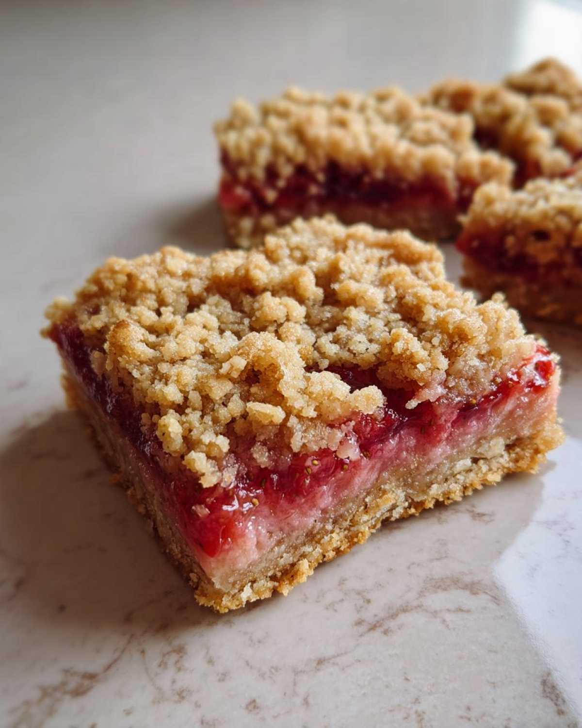 A close-up of a square Gluten-Free Strawberry Rhubarb Bars showing the crumbly topping and bright red fruit filling.