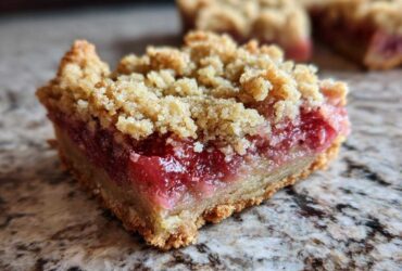 A close-up of one square of Gluten-Free Strawberry Rhubarb Bars showing the thick, jammy filling and crumb topping.