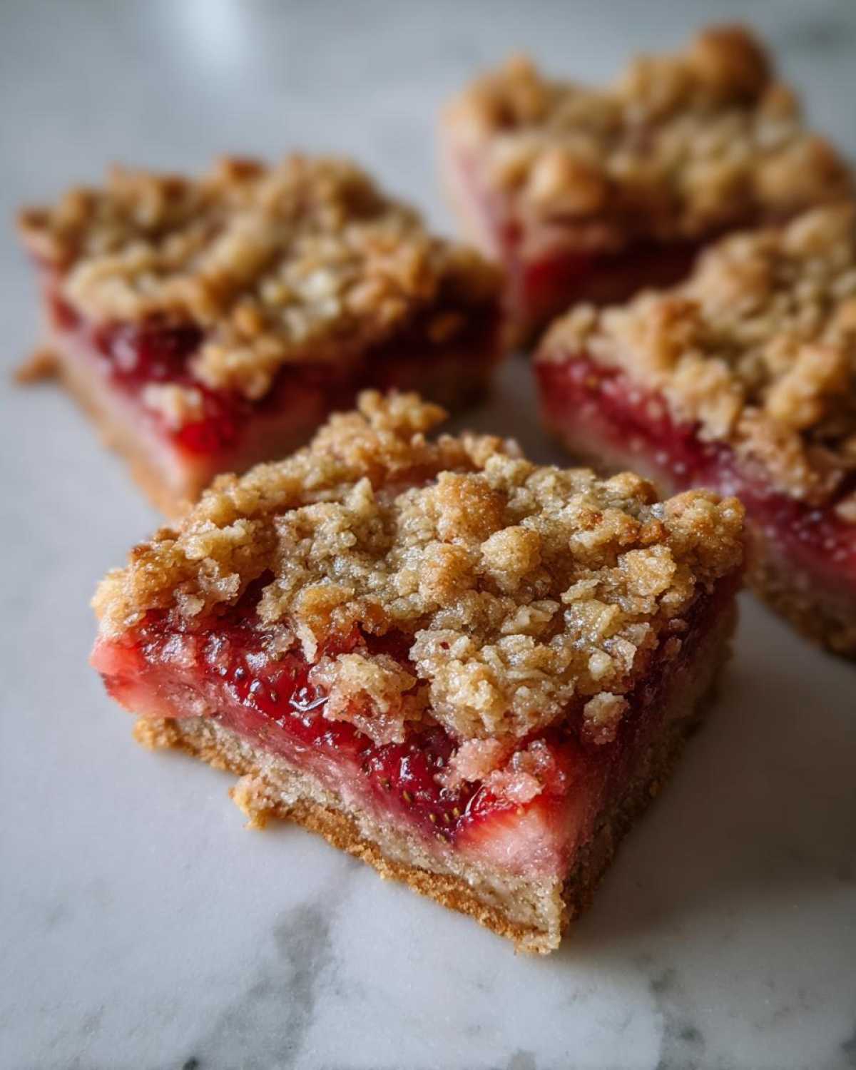 Close-up of a square Gluten-Free Strawberry Rhubarb Bars with a thick, bright red fruit filling and crumb topping.