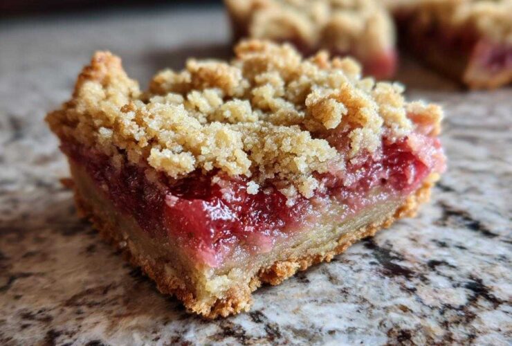 A close-up of one square of Gluten-Free Strawberry Rhubarb Bars showing the thick, jammy filling and crumb topping.