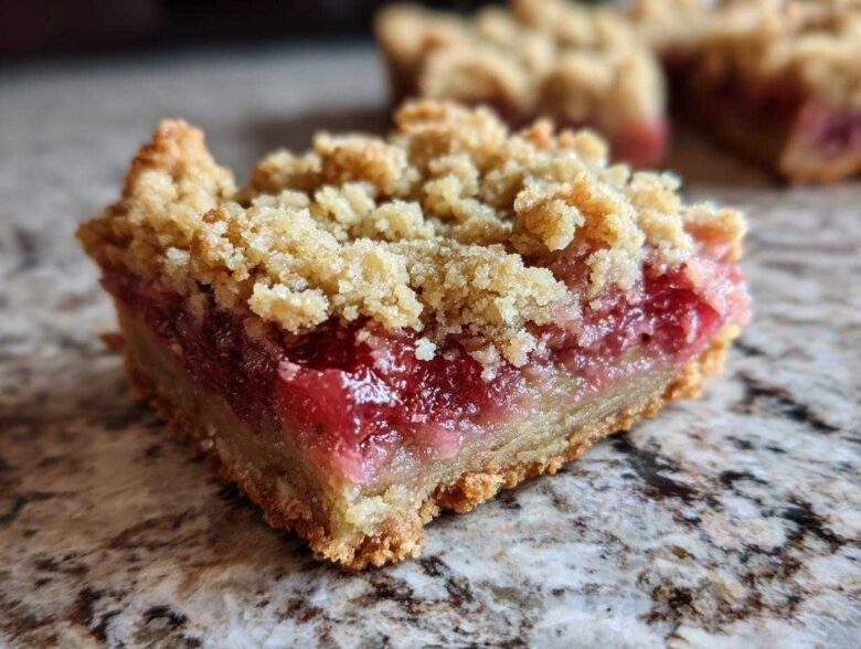 A close-up of one square of Gluten-Free Strawberry Rhubarb Bars showing the thick, jammy filling and crumb topping.