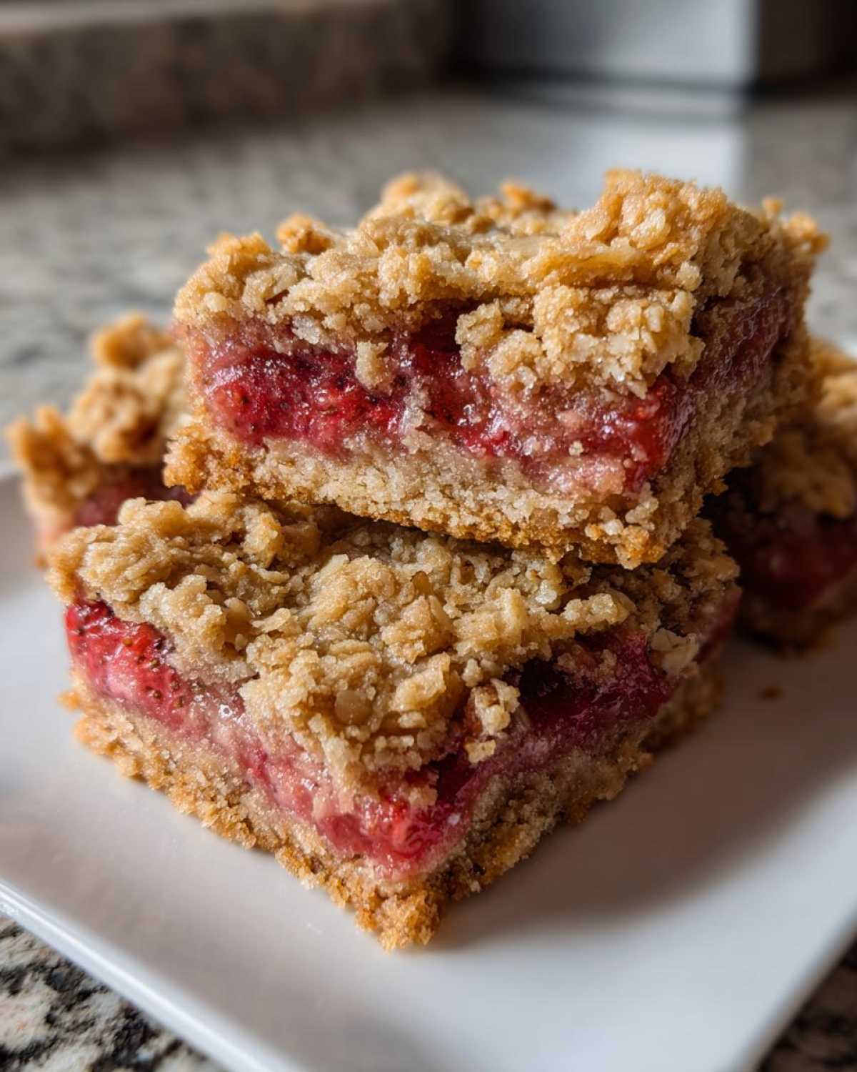 Close-up of stacked Gluten-Free Strawberry Rhubarb Bars showing the thick oat crumble topping and bright red fruit filling.
