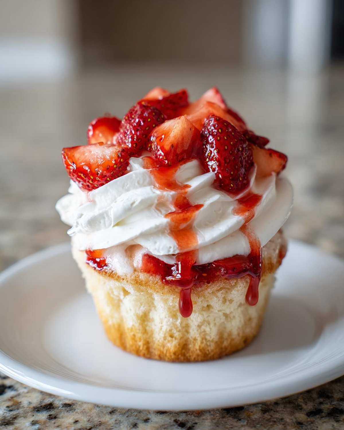 Close-up of a Gluten-Free Strawberry Shortcake Cupcakes with whipped cream and fresh strawberries.