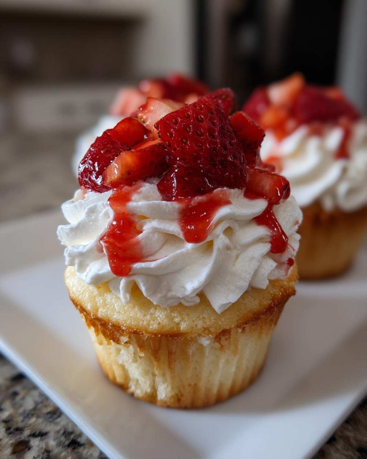 Close-up of a Gluten-Free Strawberry Shortcake Cupcakes topped with whipped cream and fresh strawberries.