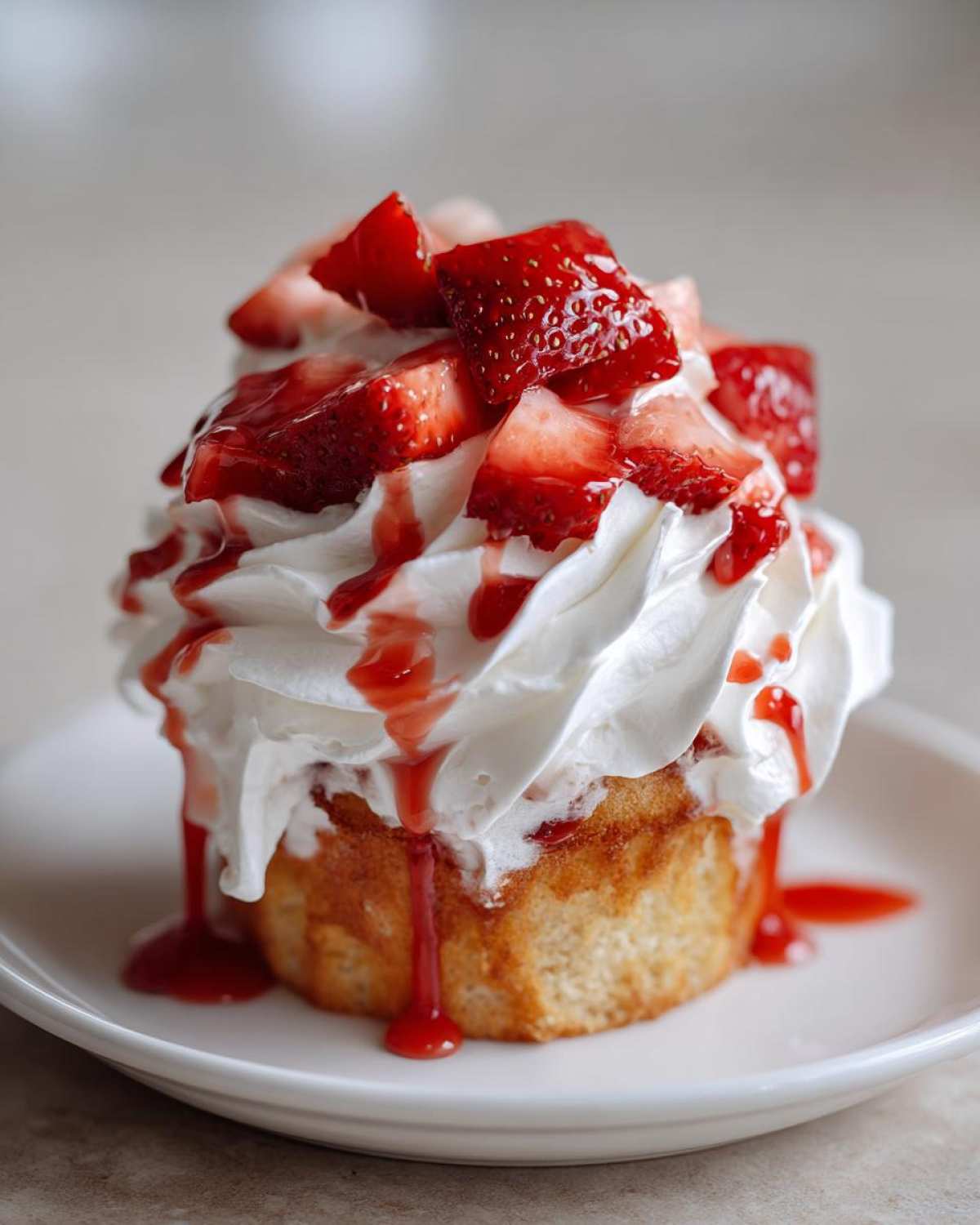 A close-up of a Gluten-Free Strawberry Shortcake Cupcakes topped with whipped cream and fresh strawberries.