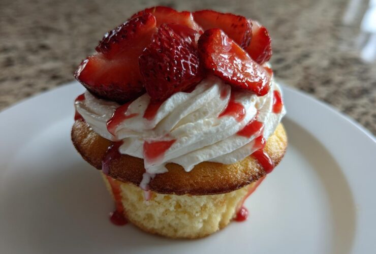 Close-up of a Gluten-Free Strawberry Shortcake Cupcakes topped with whipped cream, fresh strawberries, and strawberry drizzle.