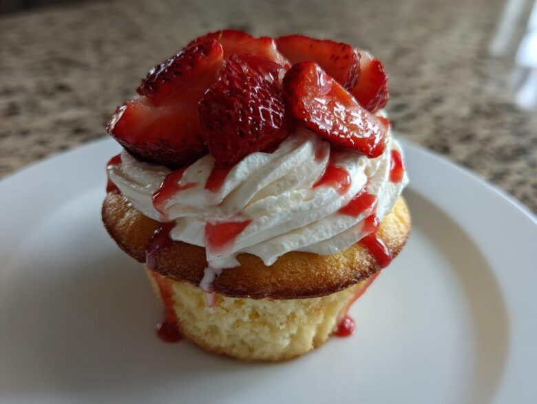 Close-up of a Gluten-Free Strawberry Shortcake Cupcakes topped with whipped cream, fresh strawberries, and strawberry drizzle.