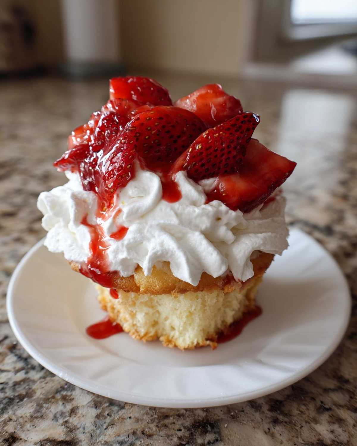 A single Gluten-Free Strawberry Shortcake Cupcakes topped with whipped cream and fresh, macerated strawberries.