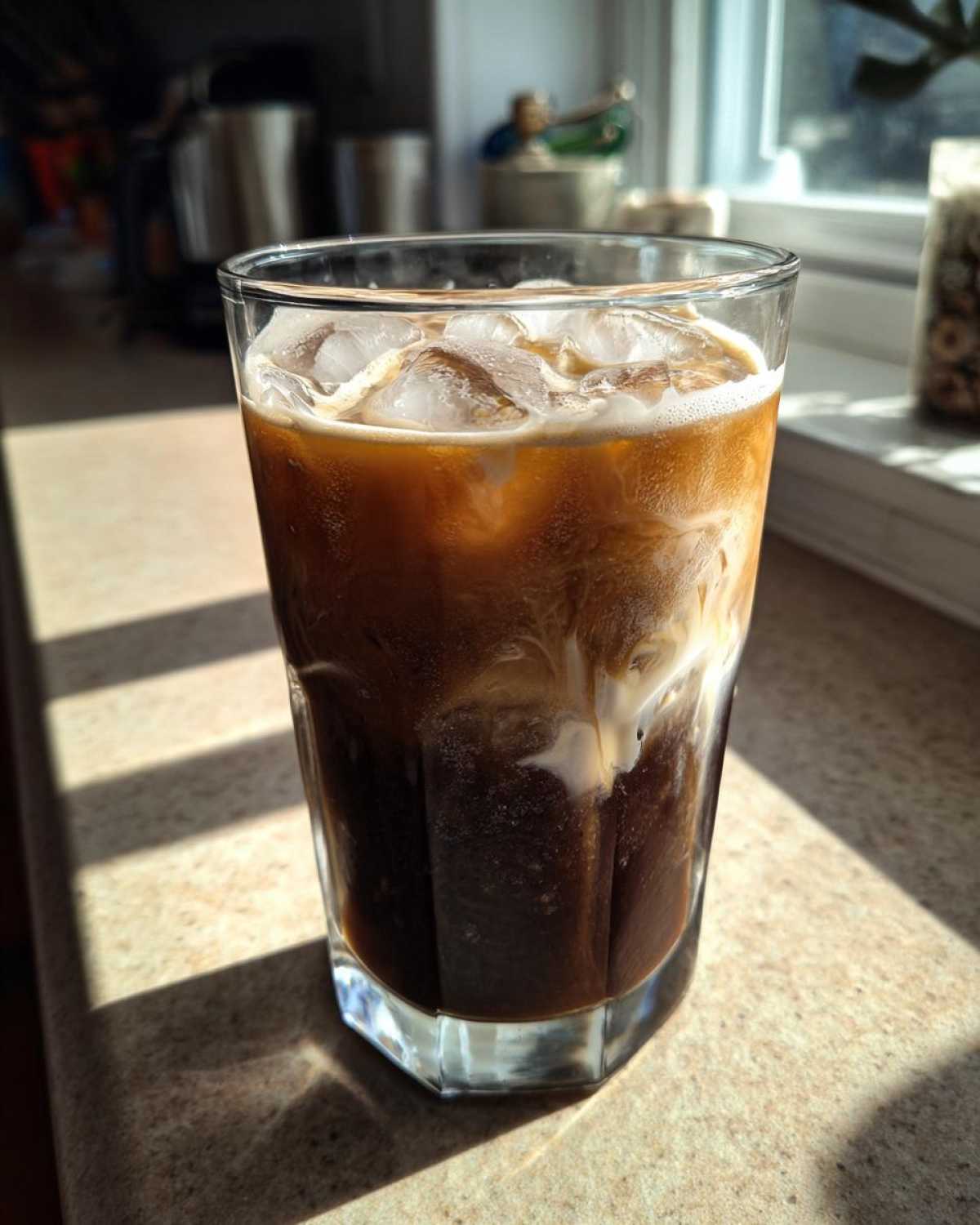 A tall glass of Copycat Starbucks Iced White Chocolate Mocha with ice and swirling cream on a sunny countertop.