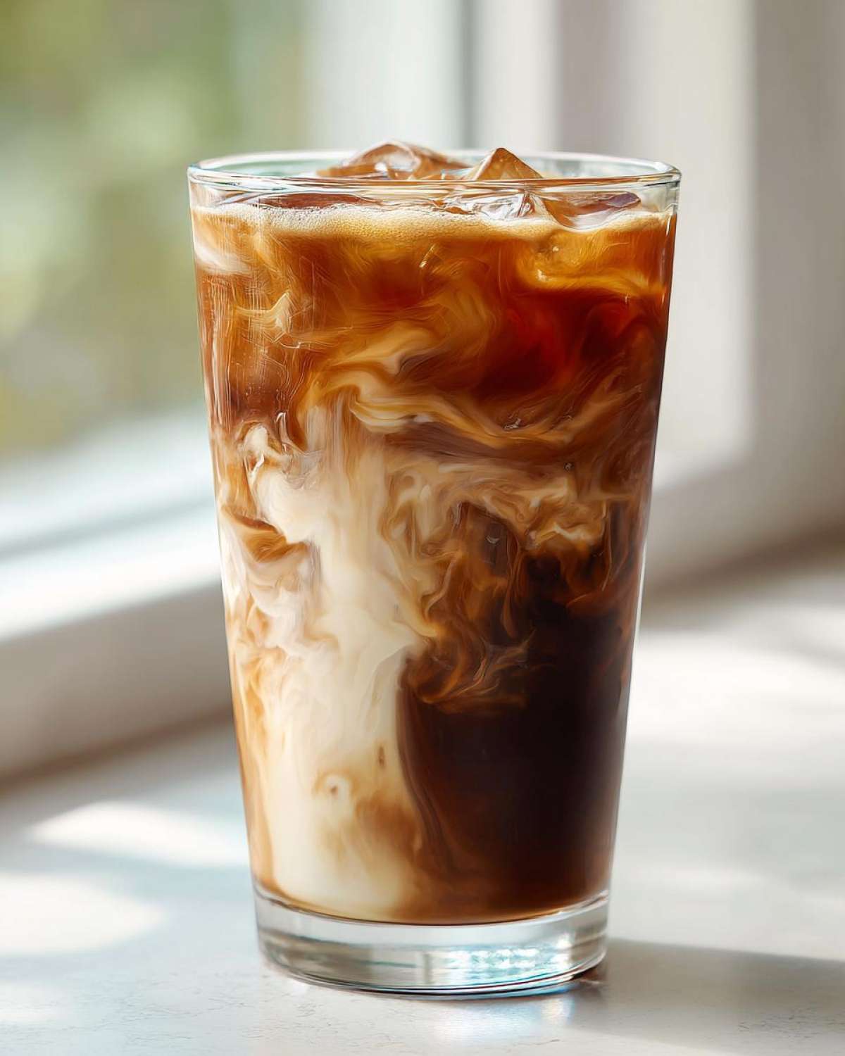 A tall glass filled with ice, showing the beautiful swirl pattern of coffee mixing with white cream for a Copycat Starbucks Iced White Chocolate Mocha.