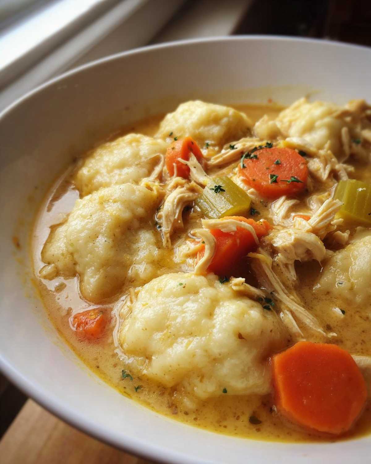Close-up of a white bowl filled with creamy Instant Pot Chicken and Dumplings, featuring fluffy dumplings, shredded chicken, carrots, and celery.