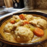 A close-up of a bowl filled with creamy Instant Pot Chicken and Dumplings, featuring tender chicken, carrots, and celery.