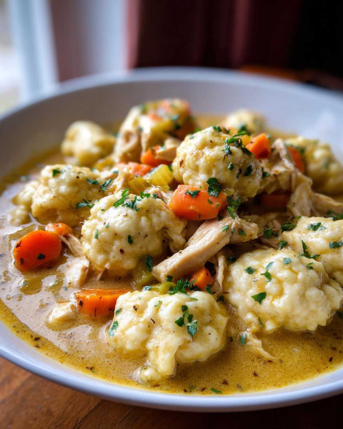 Close-up of a bowl of rich Instant Pot Chicken and Dumplings topped with fresh parsley.