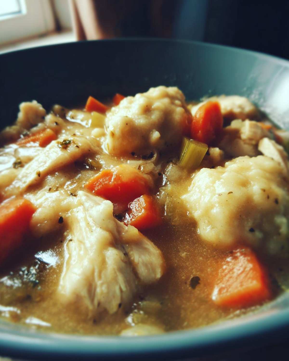 Close-up of rich broth, shredded chicken, carrots, and fluffy dumplings in a bowl of Instant Pot Chicken and Dumplings.