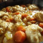 Close-up of steaming Instant Pot Chicken and Dumplings with tender dumplings and carrots in a rich broth.