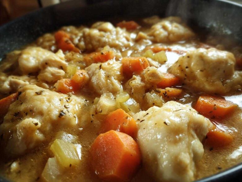 Close-up of steaming Instant Pot Chicken and Dumplings with tender dumplings and carrots in a rich broth.