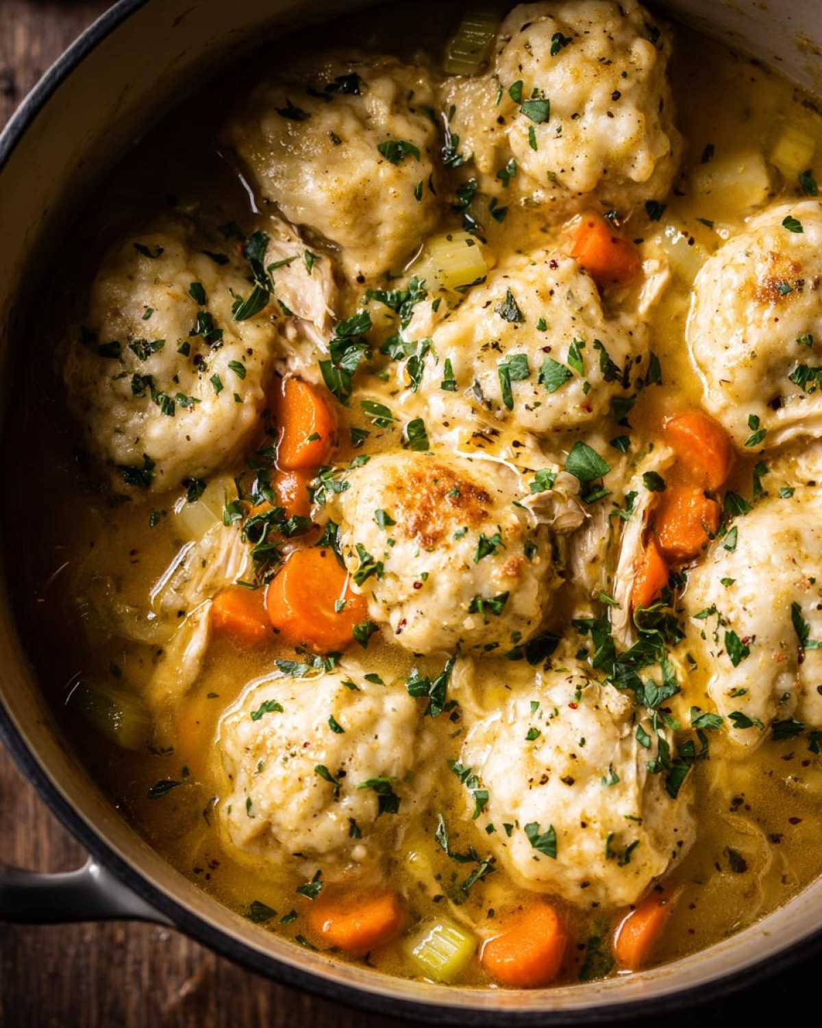 Overhead view of rich Instant Pot Chicken and Dumplings with fluffy dumplings, carrots, and celery in broth.
