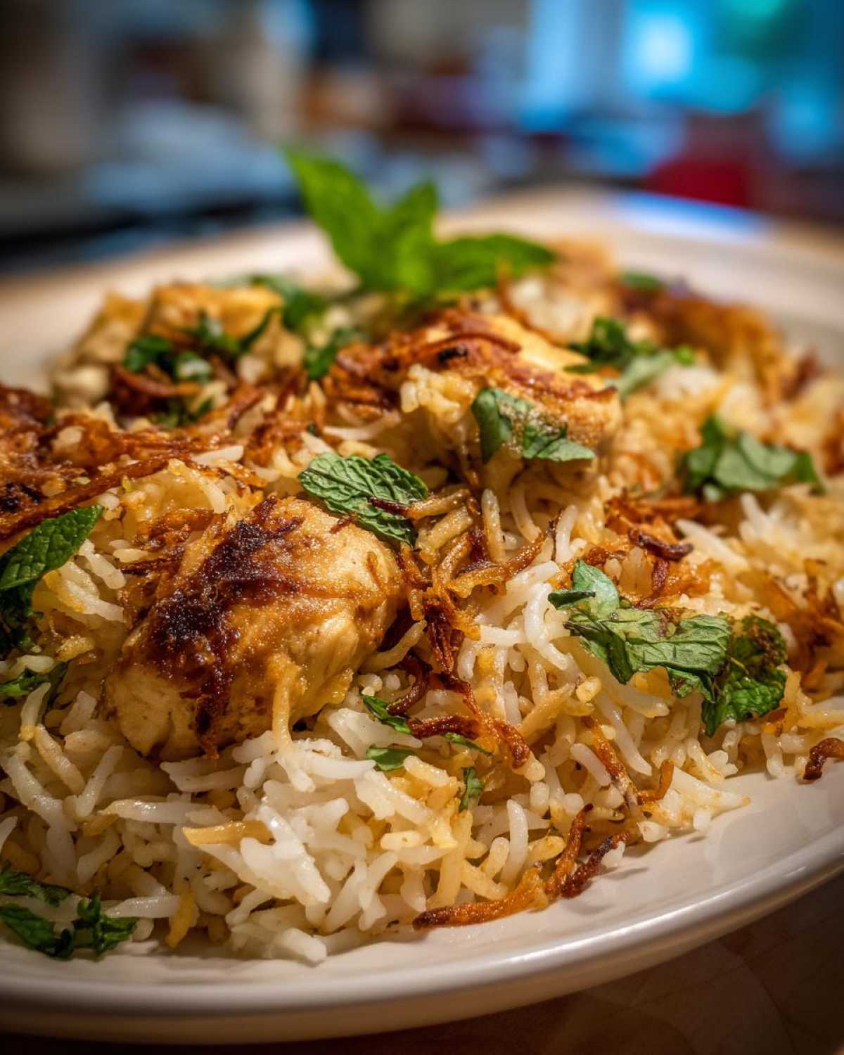Close-up of fluffy white and yellow rice layered with chicken pieces, topped with crispy fried onions and fresh mint for Instant Pot Chicken Biryani.