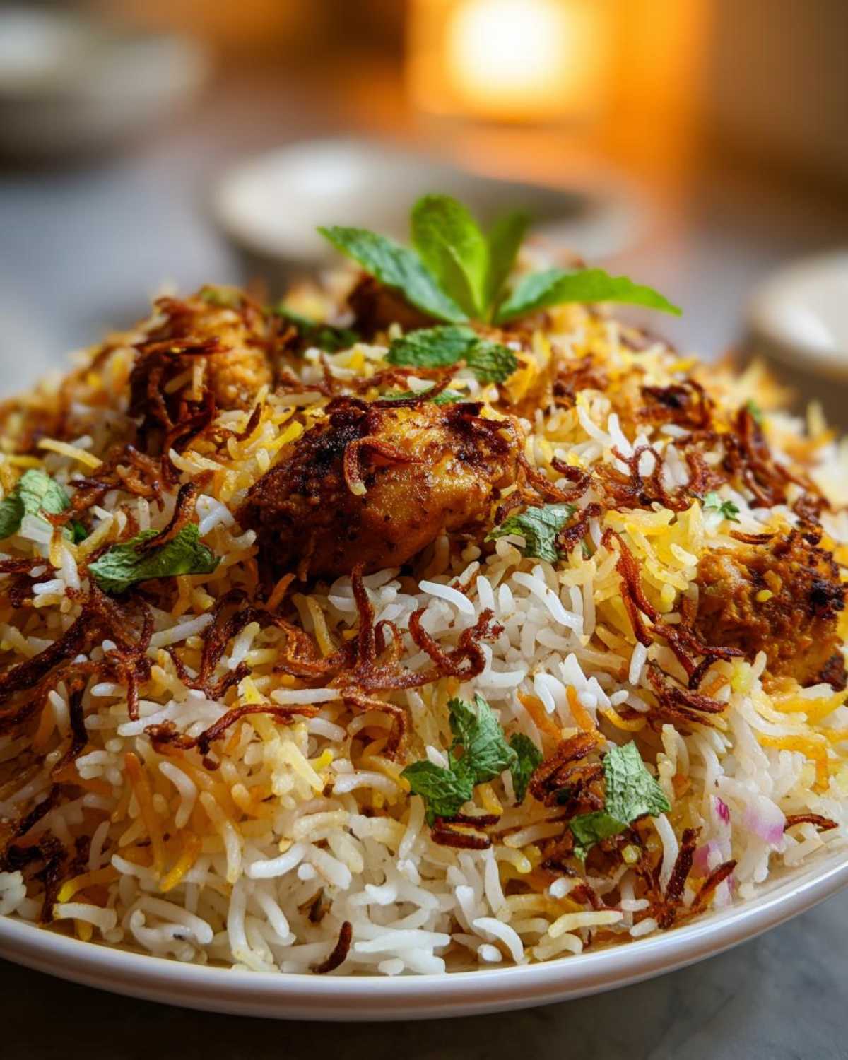 A close-up of fluffy Instant Pot Chicken Biryani, topped with fried onions, chicken pieces, and fresh mint leaves.