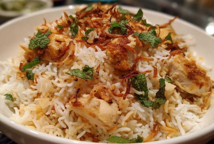 A close-up serving of flavorful Instant Pot Chicken Biryani topped with fried onions and fresh mint leaves.