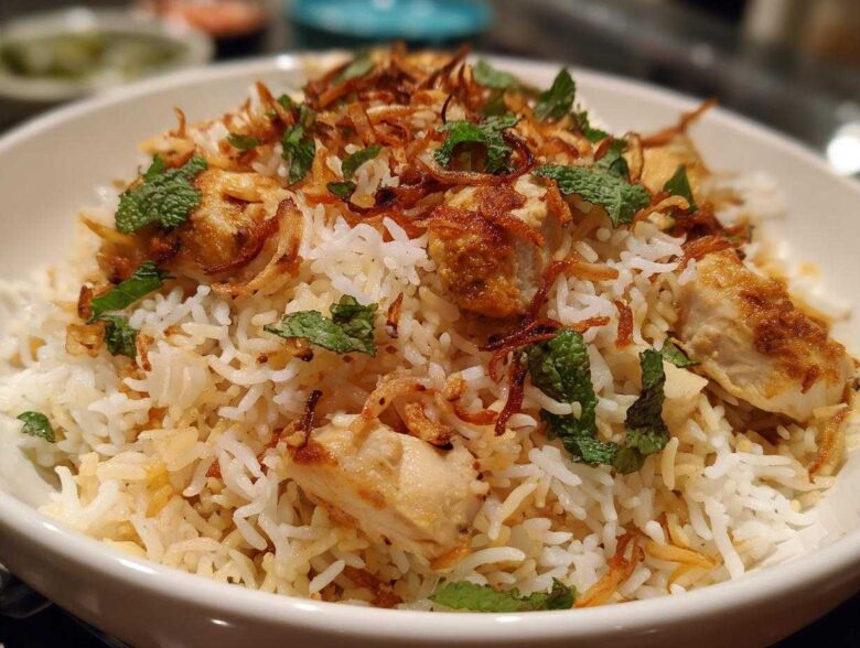 A close-up serving of flavorful Instant Pot Chicken Biryani topped with fried onions and fresh mint leaves.