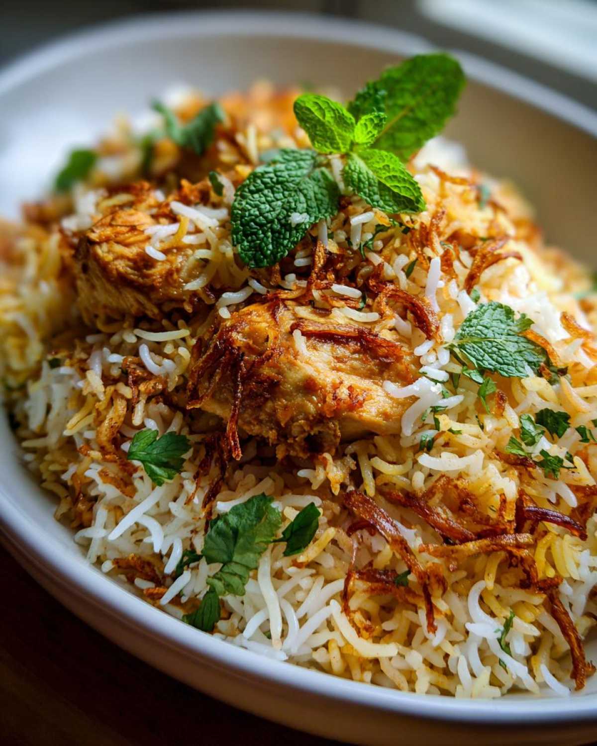 Close-up of a bowl of Instant Pot Chicken Biryani, garnished with fresh mint leaves and crispy fried onions.