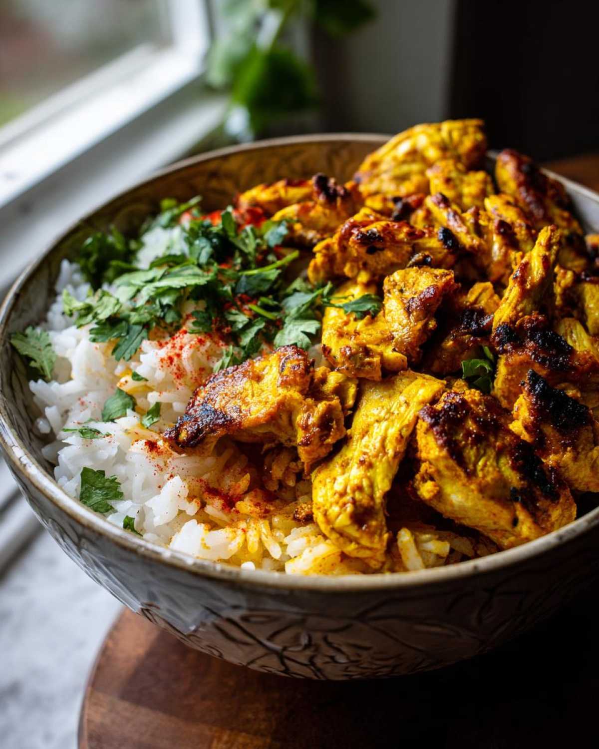 Close-up of a bowl featuring seasoned, yellow Instant Pot Chicken Shawarma Rice topped with fresh cilantro.