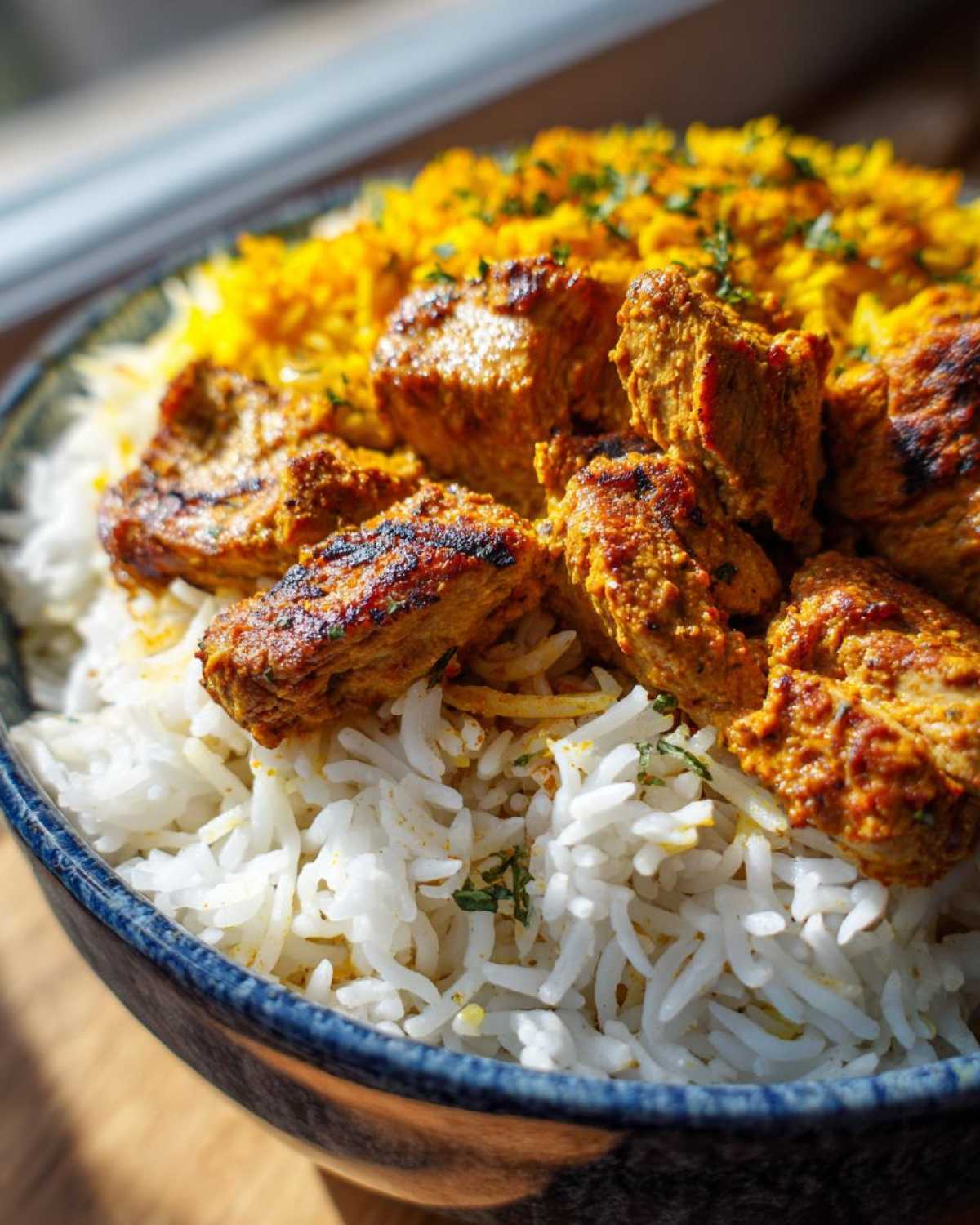 Close-up of seasoned chicken pieces served over white and yellow rice in a blue bowl, representing Instant Pot Chicken Shawarma Rice.