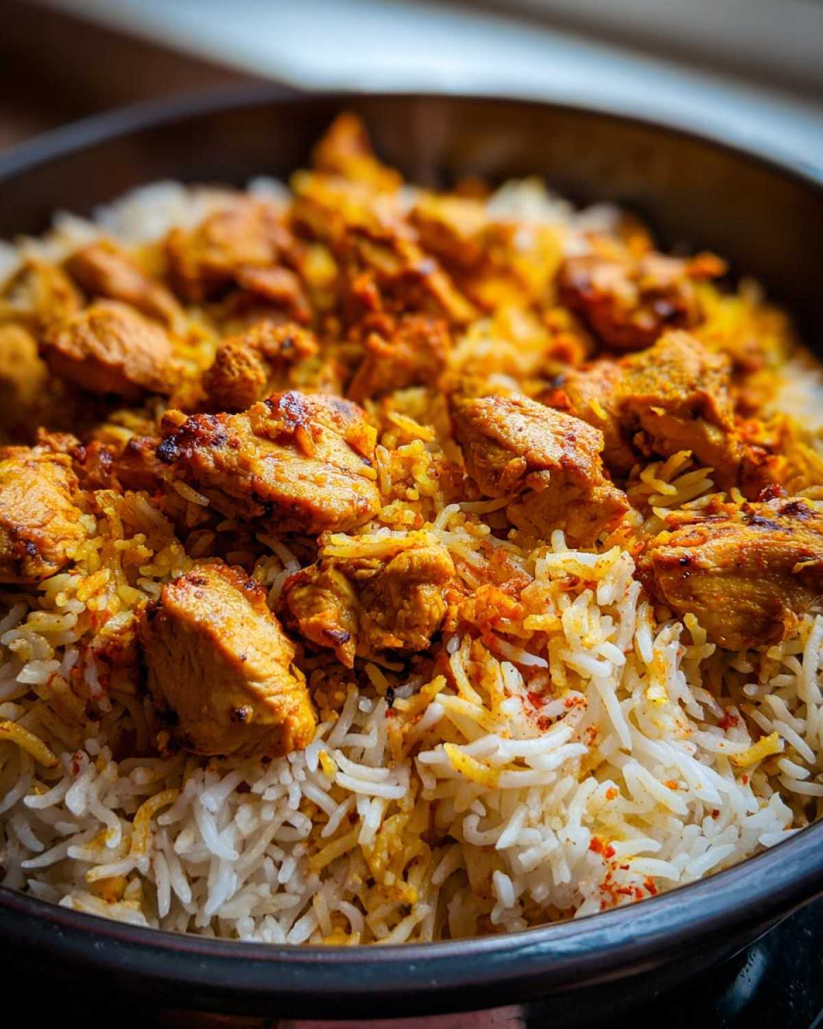 Close-up of flavorful Instant Pot Chicken Shawarma Rice featuring seasoned chicken pieces over fluffy white and yellow rice.
