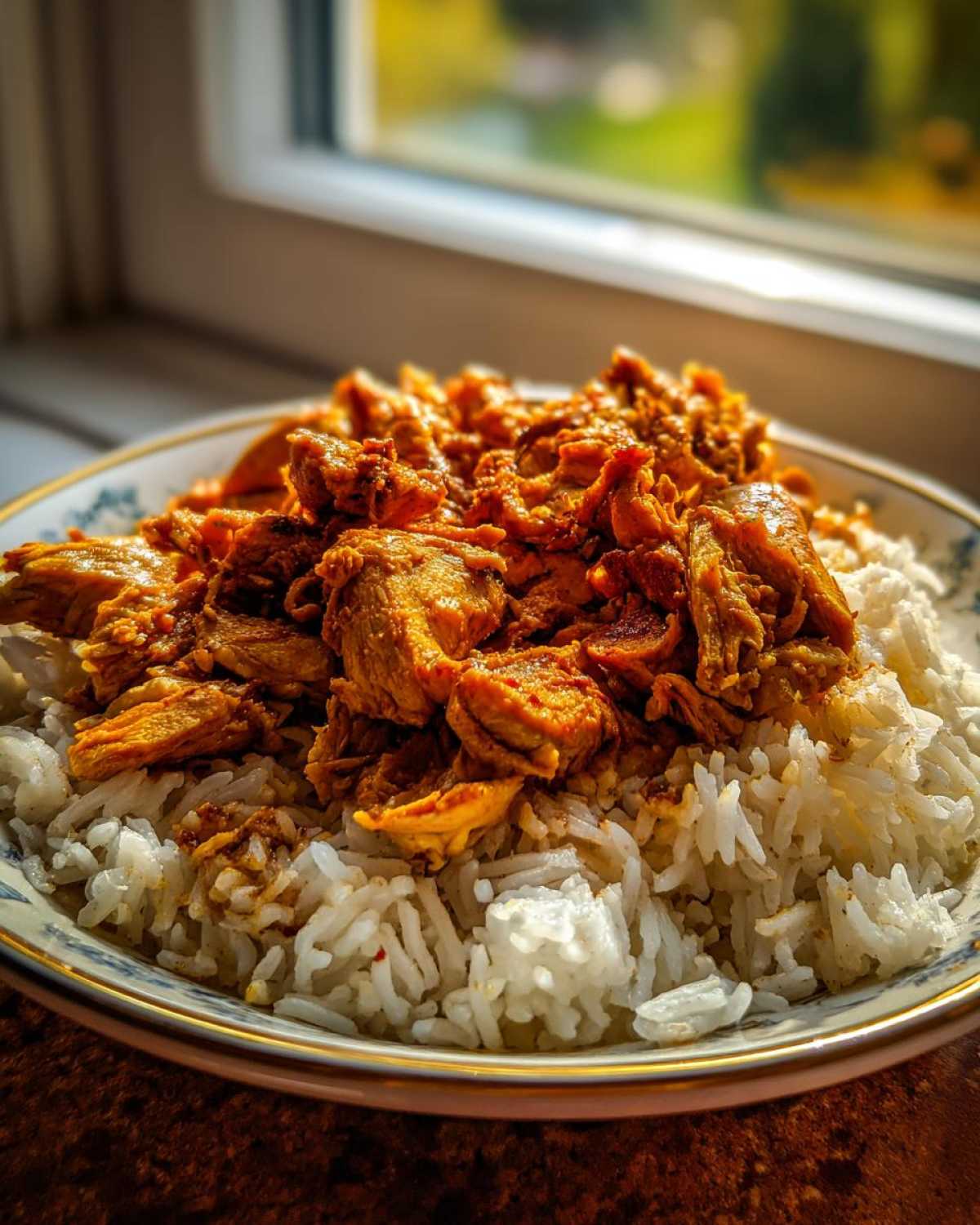 A close-up of a bowl piled high with white rice topped generously with seasoned, shredded Instant Pot Chicken Shawarma Rice.