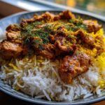 Close-up of Instant Pot Chicken Shawarma Rice with seasoned chicken pieces over fluffy white and yellow rice, garnished with dill.