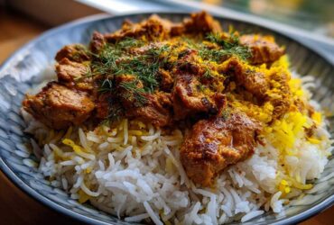 Close-up of Instant Pot Chicken Shawarma Rice with seasoned chicken pieces over fluffy white and yellow rice, garnished with dill.
