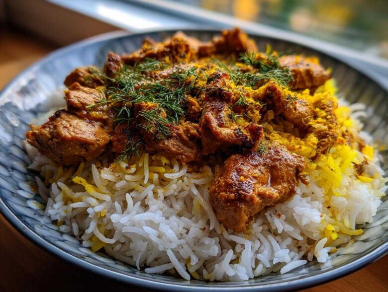 Close-up of Instant Pot Chicken Shawarma Rice with seasoned chicken pieces over fluffy white and yellow rice, garnished with dill.