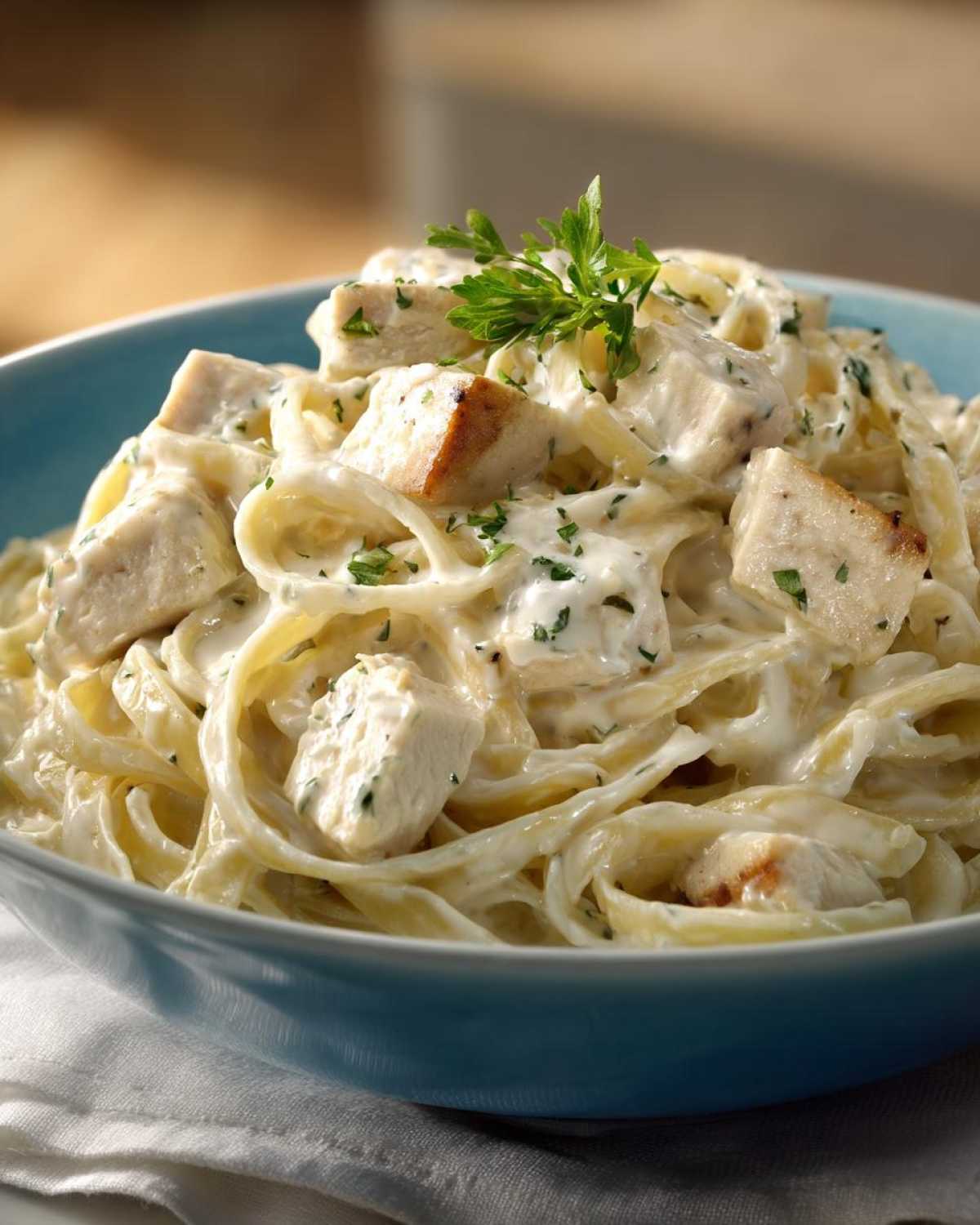 Close-up of a blue bowl filled with Instant Pot Creamy Chicken Alfredo Pasta, topped with cubed chicken and parsley.