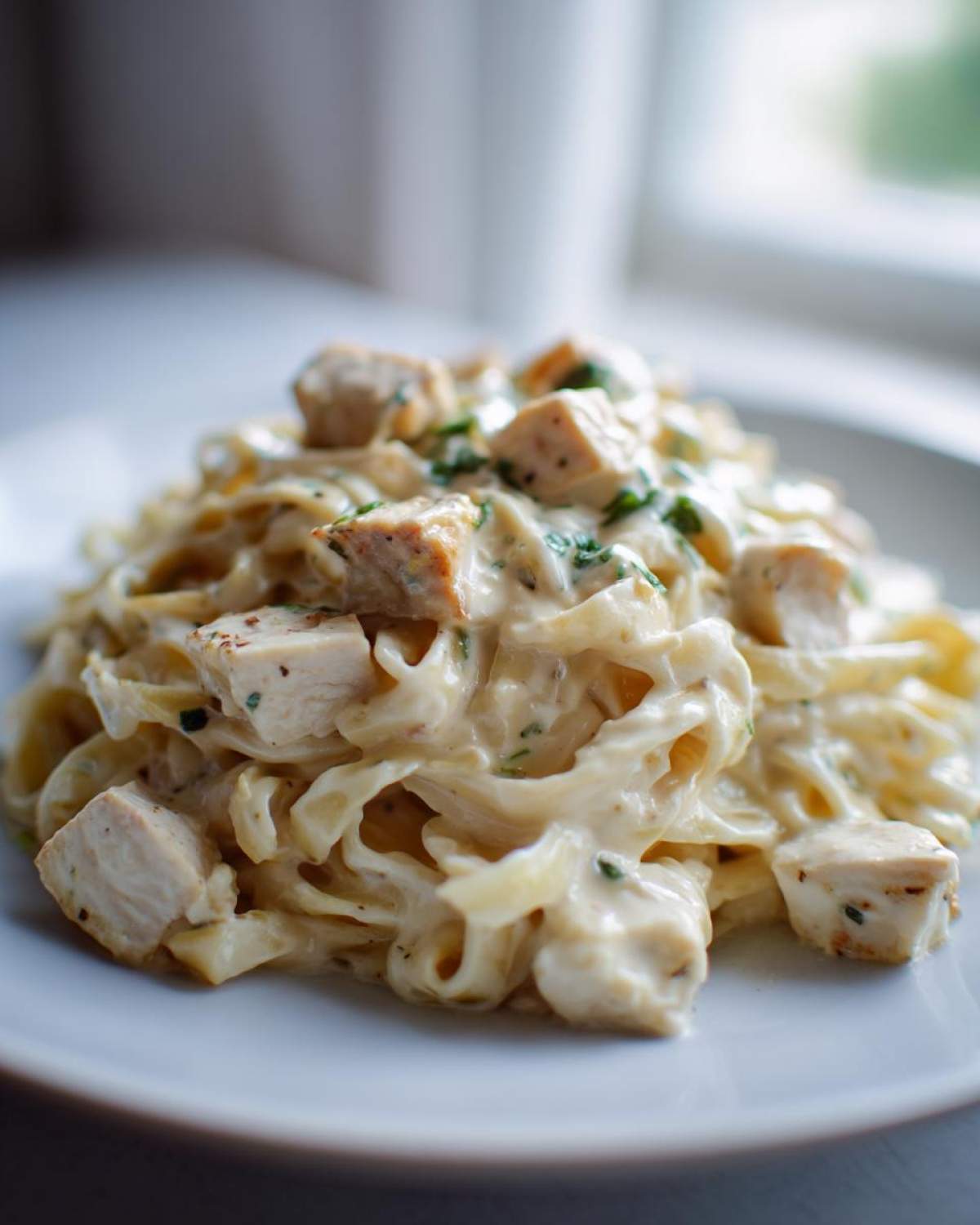 Close-up of a serving of Instant Pot Creamy Chicken Alfredo Pasta with fettuccine noodles and chunks of seasoned chicken.