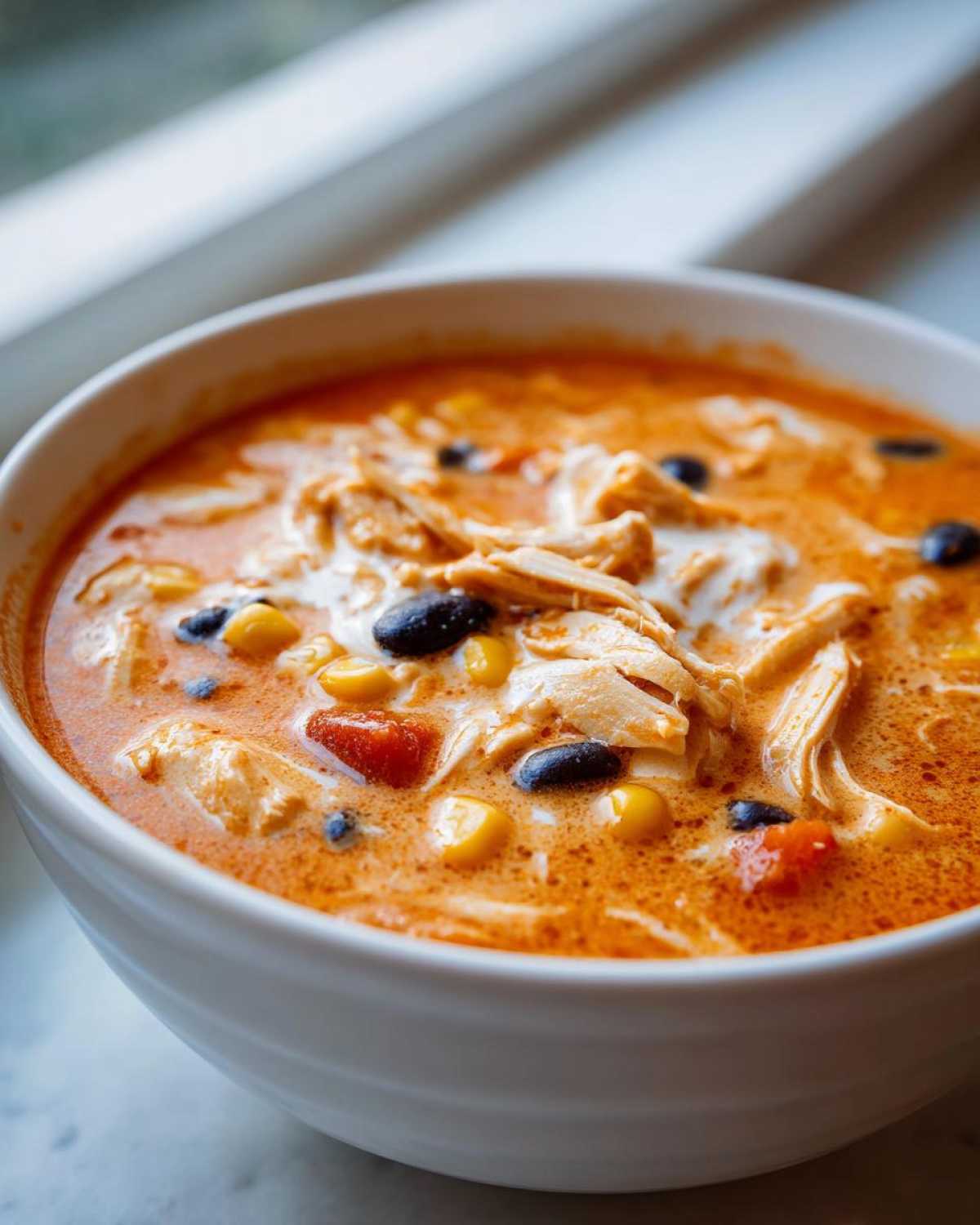 Close-up of a white bowl filled with rich, orange Instant Pot Creamy Chicken Taco Soup, featuring shredded chicken, black beans, and corn.