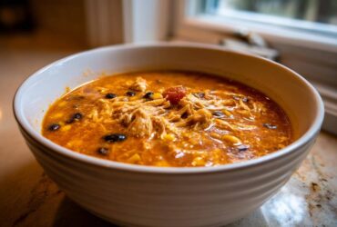 A close-up of a white bowl filled with rich, orange Instant Pot Creamy Chicken Taco Soup featuring shredded chicken, black beans, and corn.