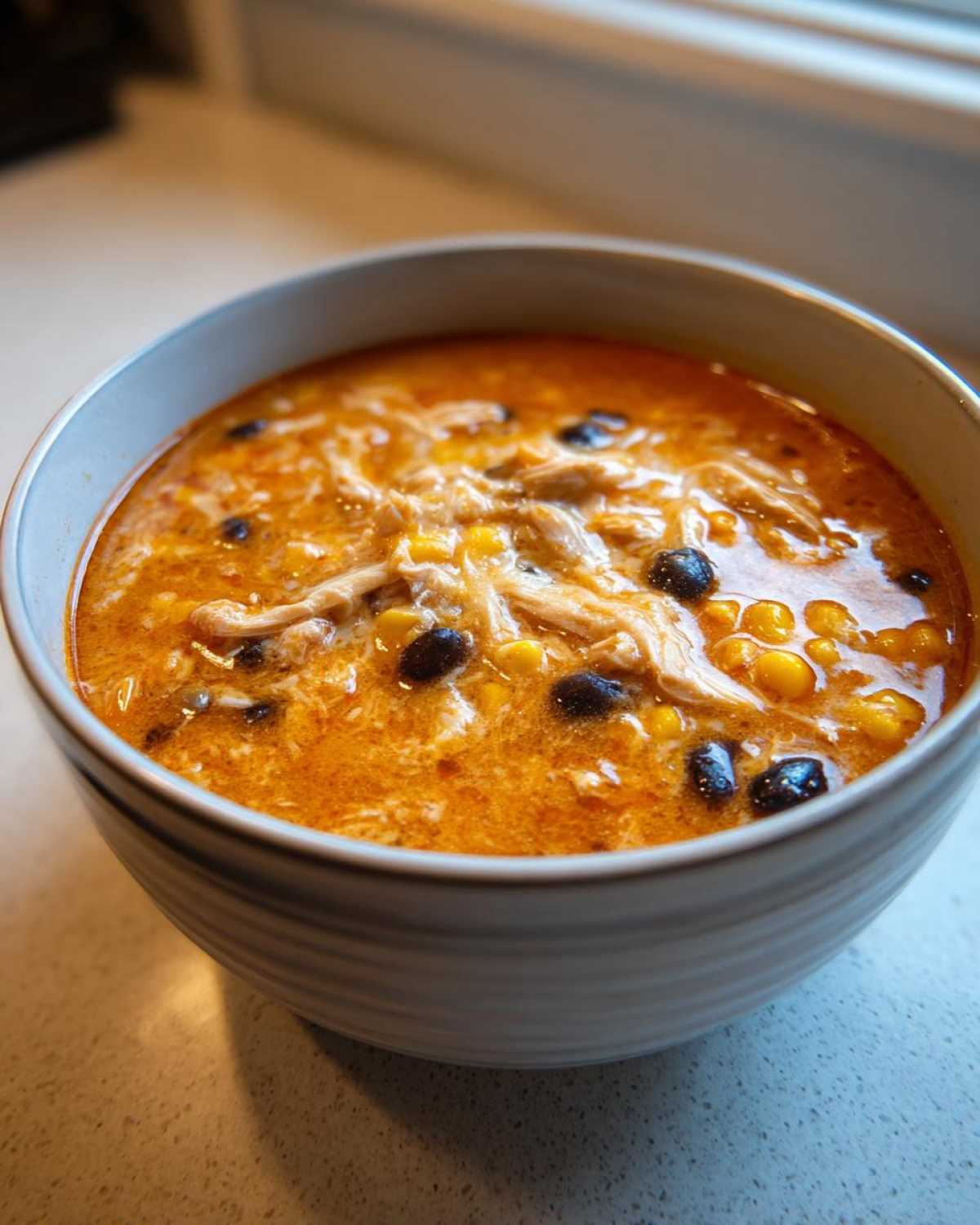 Close-up of a bowl filled with rich, orange Instant Pot Creamy Chicken Taco Soup featuring shredded chicken, corn, and black beans.
