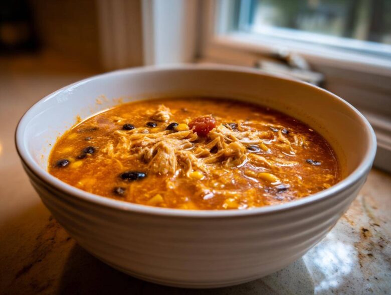A close-up of a white bowl filled with rich, orange Instant Pot Creamy Chicken Taco Soup featuring shredded chicken, black beans, and corn.