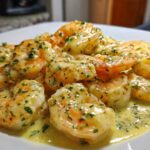 Close-up of succulent shrimp coated in creamy garlic butter sauce, garnished with parsley, from Instant Pot Creamy Garlic Butter Shrimp Scampi.