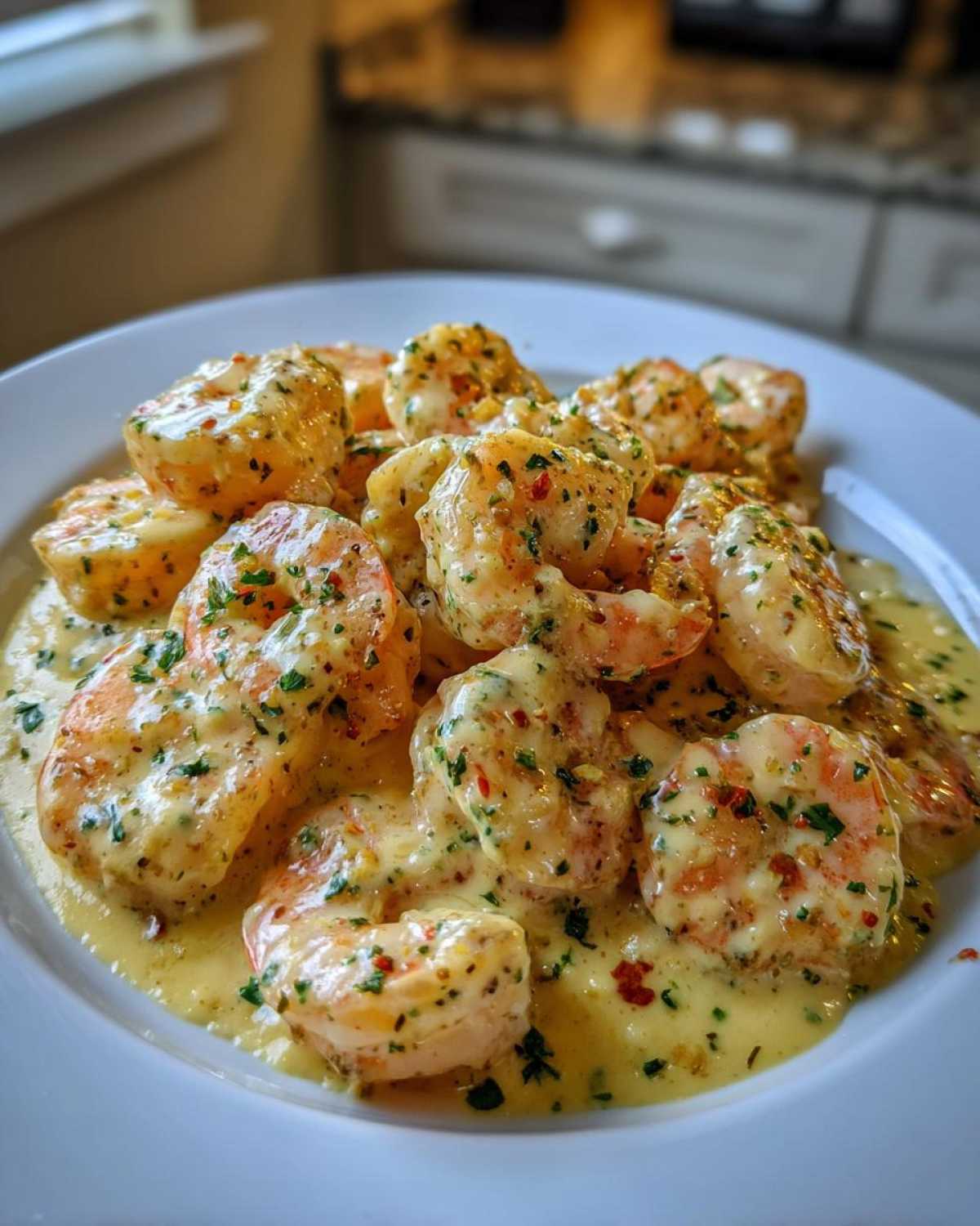 Close-up of succulent shrimp coated in creamy garlic butter sauce, seasoned with herbs and red pepper flakes, Instant Pot Creamy Garlic Butter Shrimp Scampi.