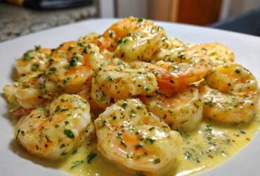 Close-up of succulent shrimp coated in creamy garlic butter sauce, garnished with parsley, from Instant Pot Creamy Garlic Butter Shrimp Scampi.