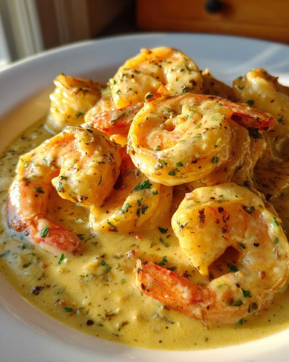 Close-up of succulent shrimp coated in a creamy garlic butter sauce, perfect for Instant Pot Creamy Garlic Butter Shrimp Scampi.