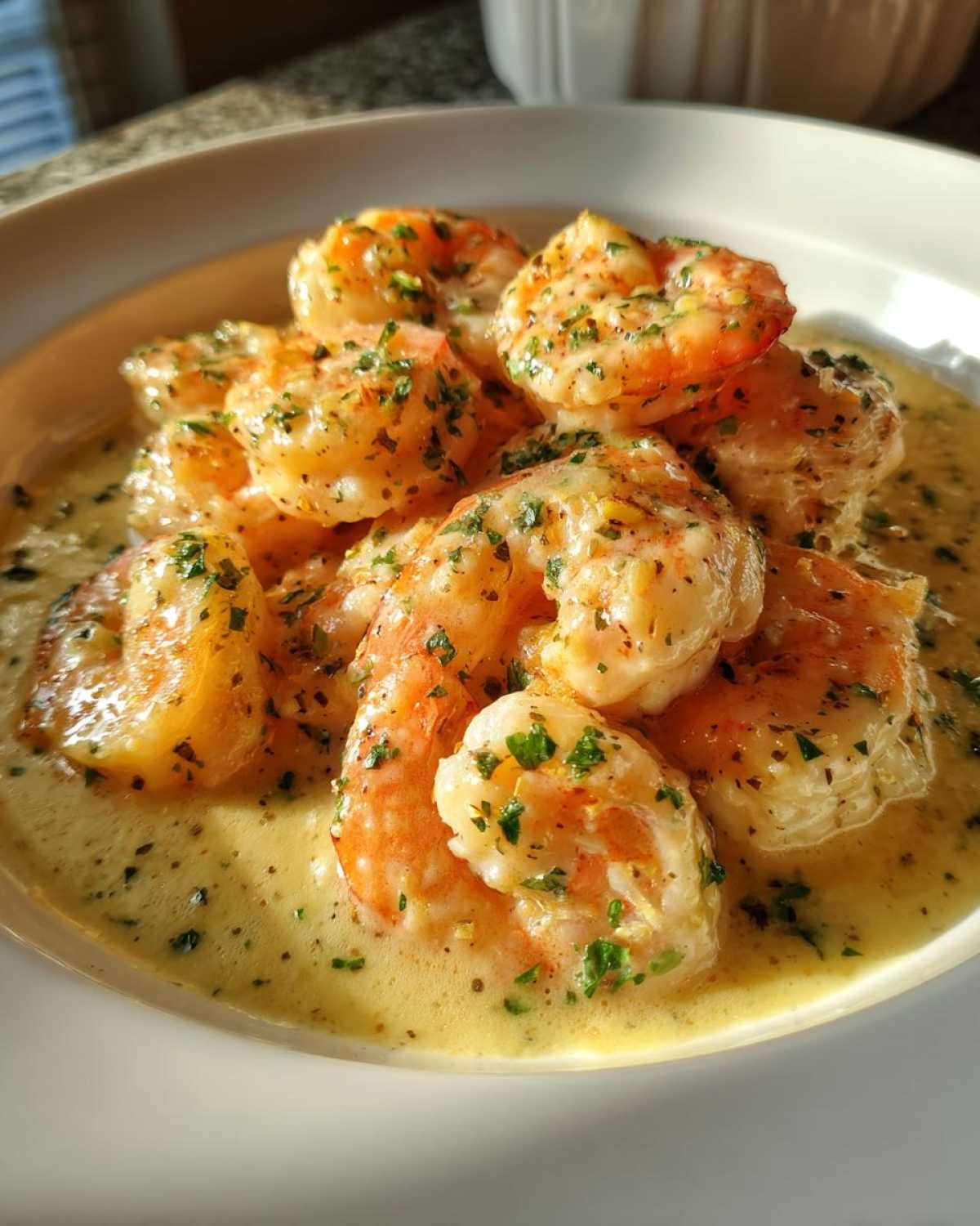 Close-up of succulent shrimp coated in creamy garlic butter sauce, garnished with parsley, from the Instant Pot Creamy Garlic Butter Shrimp Scampi recipe.