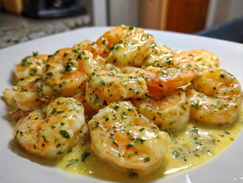 Close-up of succulent shrimp coated in creamy garlic butter sauce, garnished with parsley, from Instant Pot Creamy Garlic Butter Shrimp Scampi.