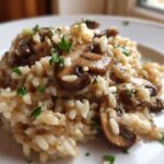 Close-up of creamy Instant Pot Creamy Mushroom Risotto topped with sliced, sautéed mushrooms and fresh parsley.