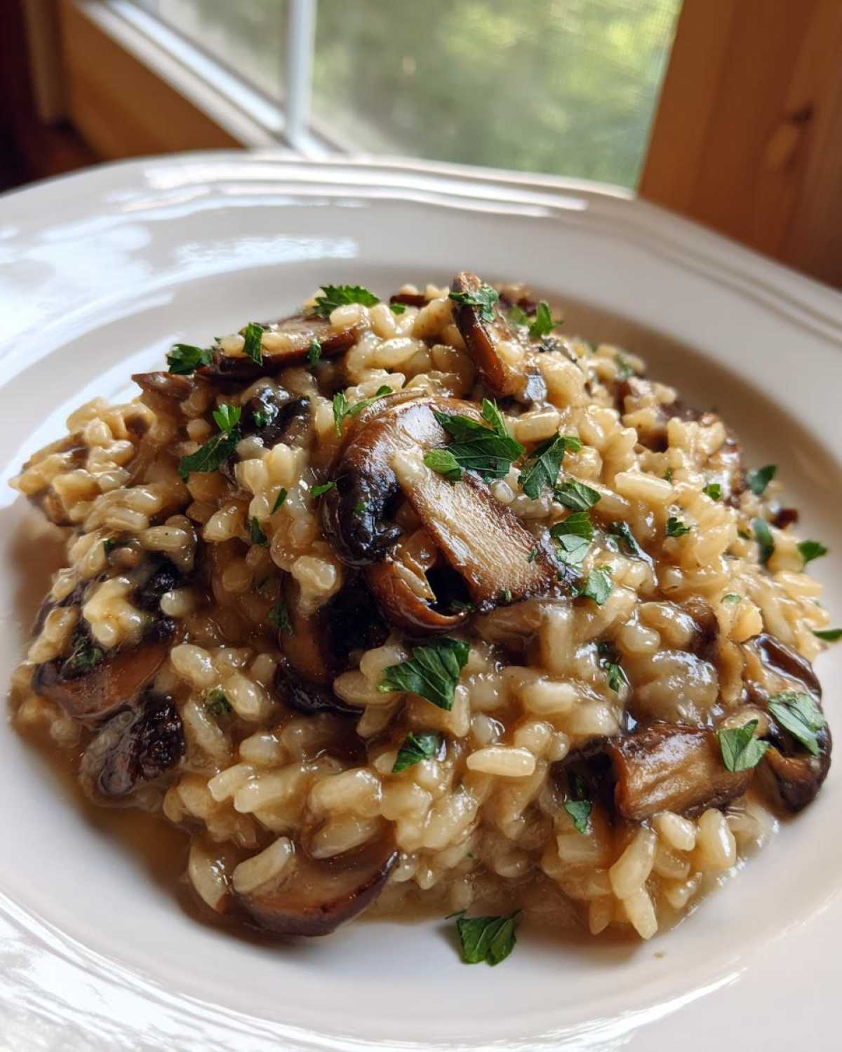 Close-up of rich Instant Pot Creamy Mushroom Risotto topped with sautéed mushrooms and fresh parsley.